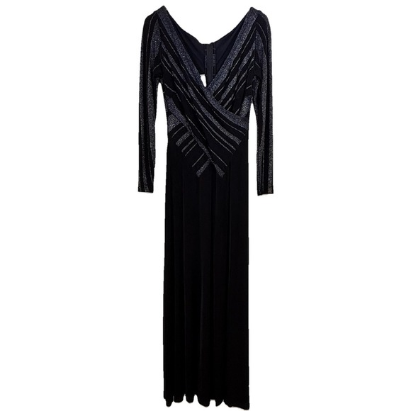 NEW VTG TADASHI Shoji Jersey Maxi Dress Evening Gown Metallic Silver Women Large - Picture 1 of 14